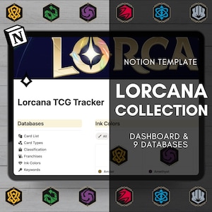 May include: A digital tablet shows a "Lorcana TCG Tracker" Notion template. The screen is split, with the left side showing databases and the right side displaying "Lorcana Collection" and "Dashboard & 9 Databases". Various icons and text are visible.