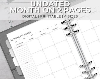 Undated Monthly Planner Printable | Month on 2 Pages | Month At a Glance | Monthly Calendar Inserts | Digital Monthly Calendar