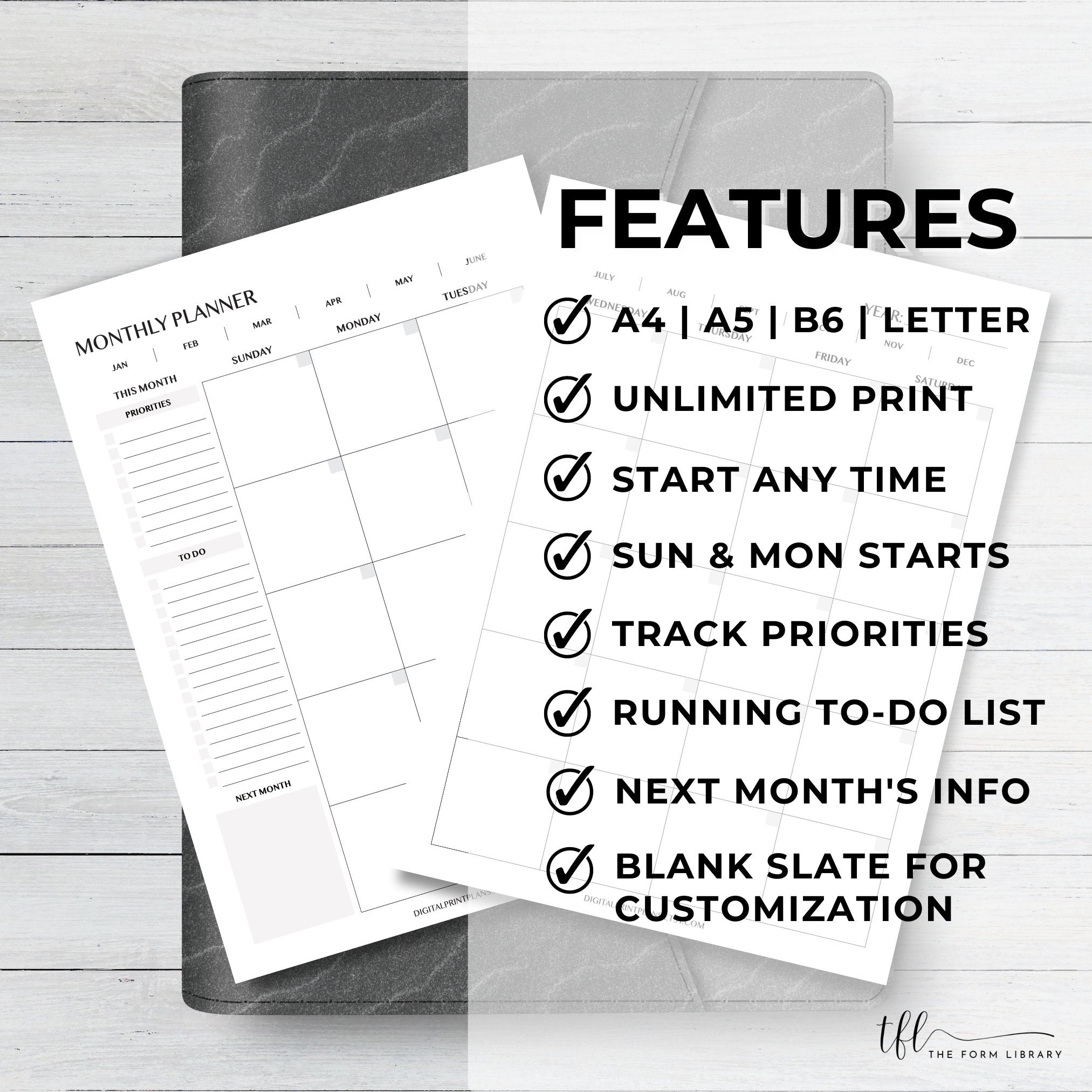 Undated Monthly Planner Printable | Month on 2 Pages | Month at a ...