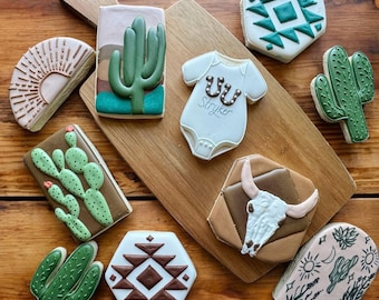 Western Baby Shower Cookies: Hand-Piped Cactus, Cowboy Theme