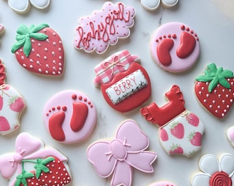 Strawberry Baby Shower Decorated Sugar Cookies | Printed & Hand-Piped