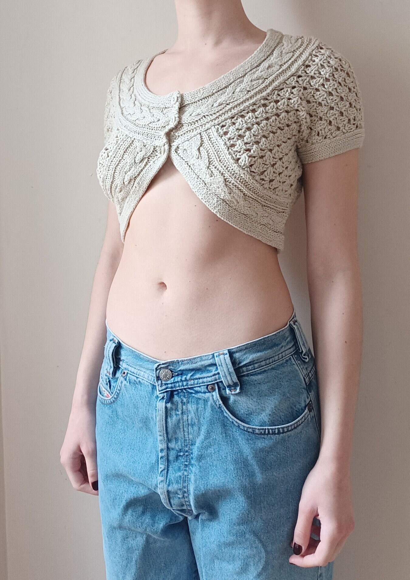 Short Sleeve Cropped Crochet Cardigan Button Sweater in Beige - Etsy