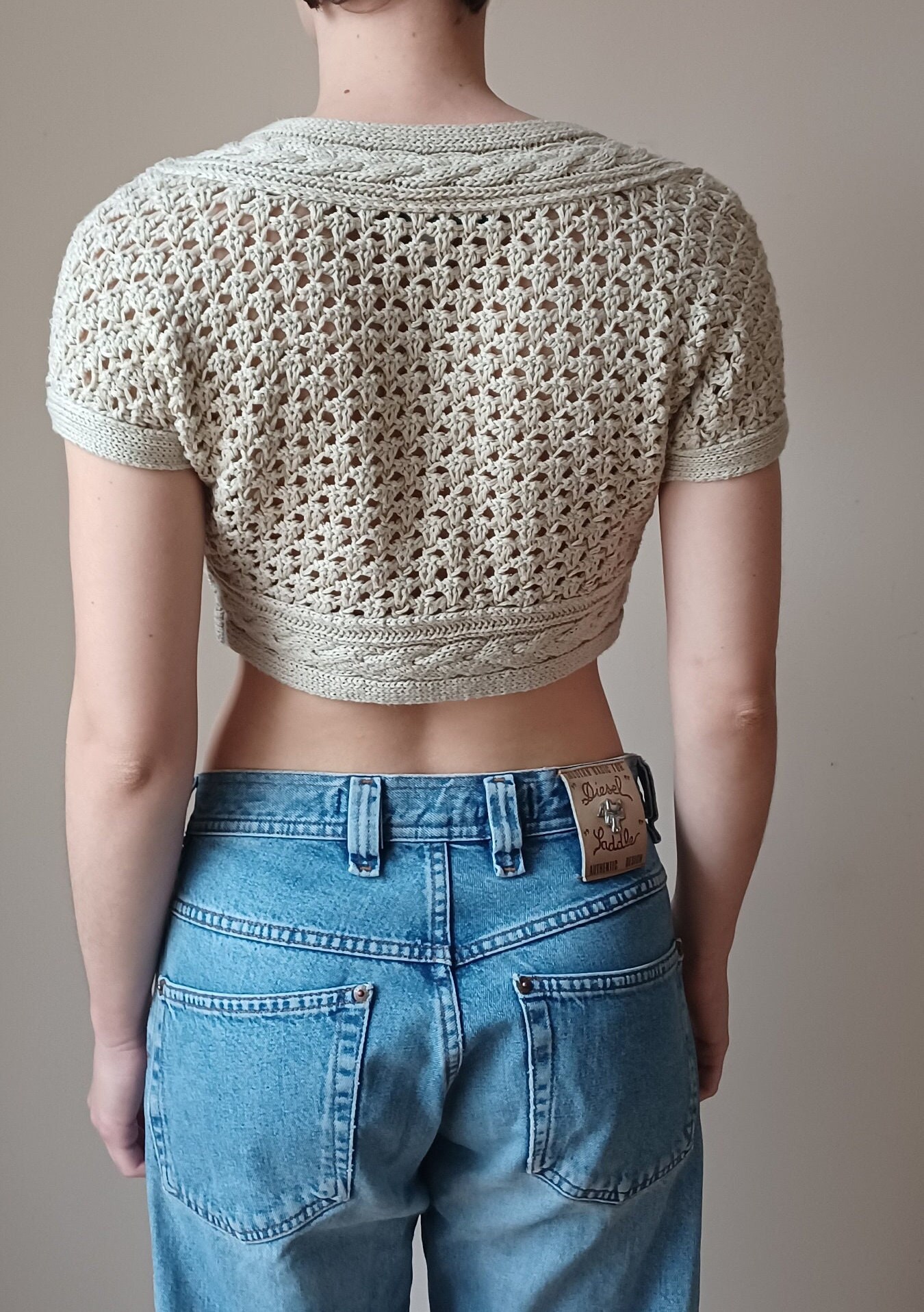 Crochet Short Sleeve Button Front Sweater