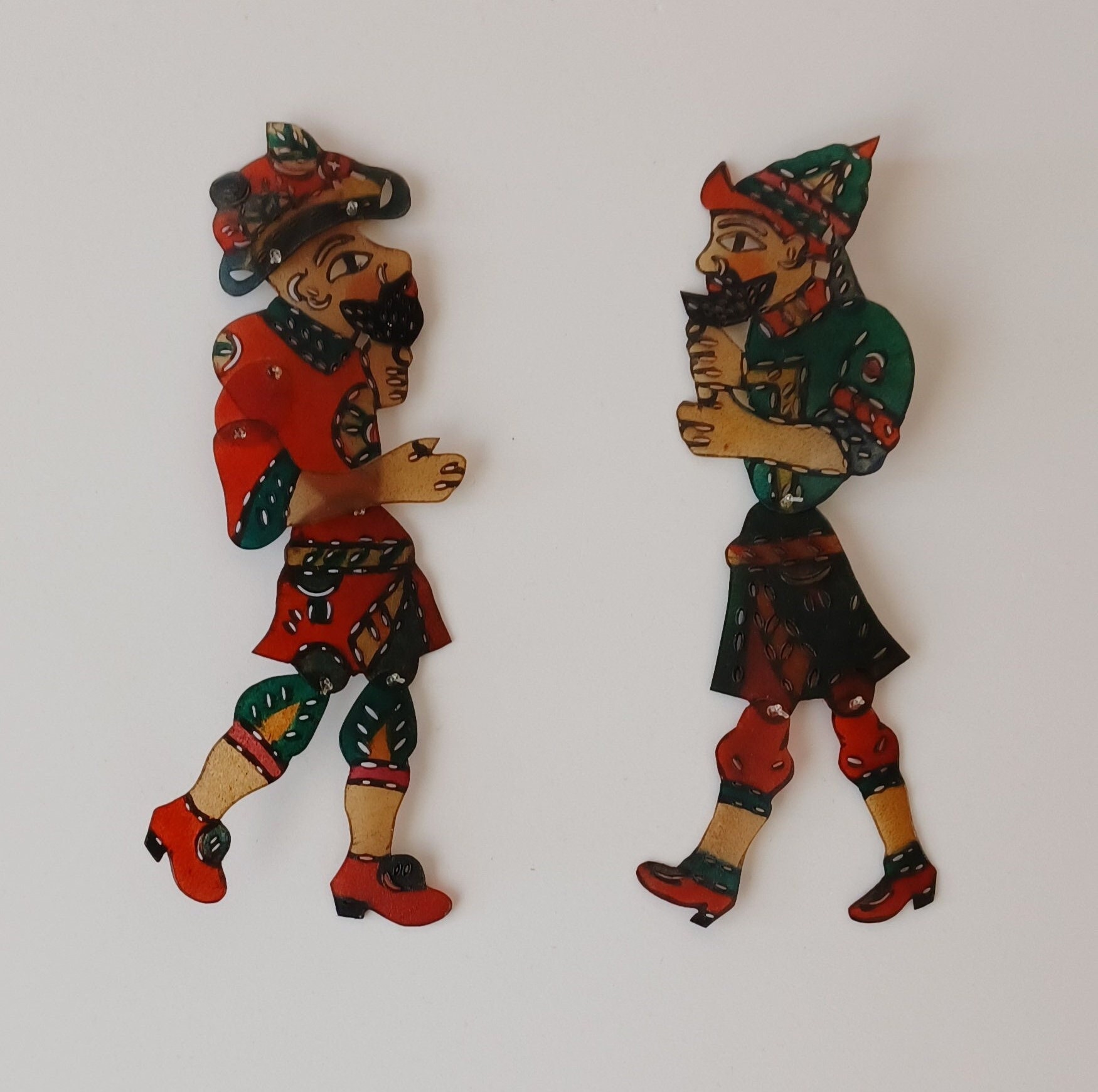 Karagoz and Hacivat Set of Two Leather Figures of Ottoman Puppet Shadow