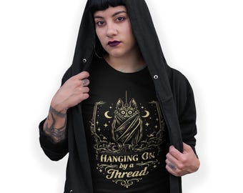 Hanging on by a Thread Bat Printed T-Shirt Ironic Goth Dark Humour Funny