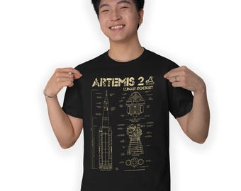 Artemis 2 Lunar Rocket Blueprint T-Shirt NASA Space Exploration Size S - 5XL