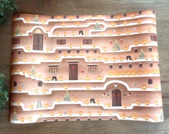 Papel de regalo navideño, paredes de adobe nevadas, Farolitos