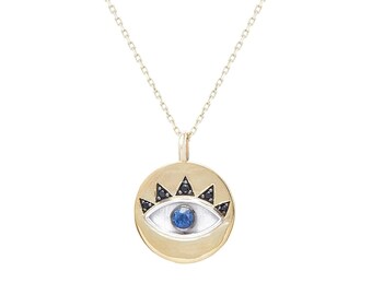 Queen's Eye 14K Gold Eye Pendant Necklace With Real Sapphire and Black Diamond, 925 Silver Gold Plated Option