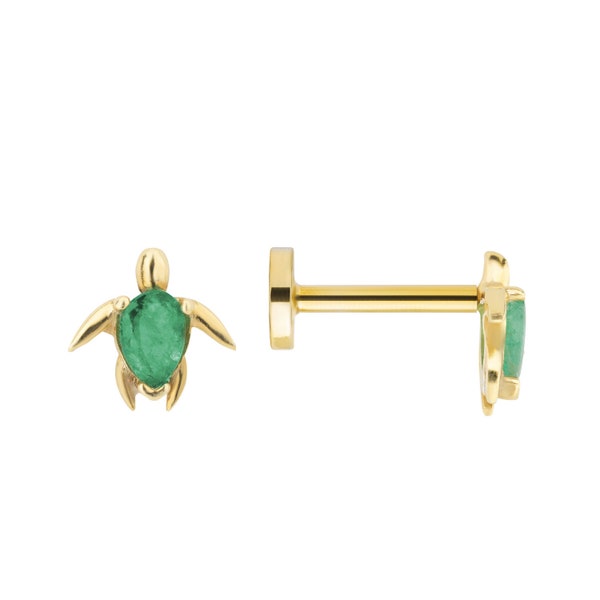 Caretta 14K Gold Turtle Stud Screw Back Ear Piercing With Real Emerald 0.05 ct G-VS