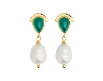 Moria 14K Gold Dangle & Drop Earlobe Earrings With Real Green Carnelian, 925 Silver Gold Plated Option