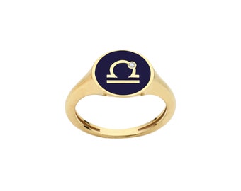 Zodiac Libra Horoscope 14K Gold Signet Pinky Ring With Real Diamond 0.01 ct G-VS, 925 Silver Gold Plated Option