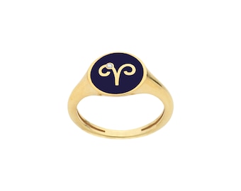 Zodiac Aries Horoscope 14K Gold Signet Pinky Ring With Real Diamond 0.01 ct G-VS, 925 Silver Gold Plated Option