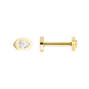 Eye 14K Gold Stud Screw Back Ear Piercing With Real Diamond 0.05 ct G-VS