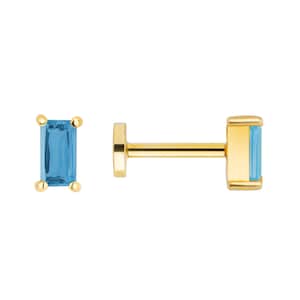 Baguette 14K Gold Stud Screw Back Ear Piercing With Real Blue Topaz