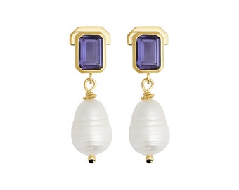 Glaukopis 14K Gold Dangle & Drop Earlobe Earrings With Real Iolite, 925 Silver Gold Plated Option