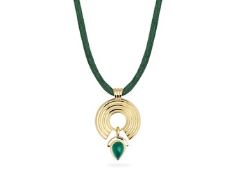 Moria 14K Gold Pendant Necklace With Real Green Carnelian, 925 Silver Gold Plated Option