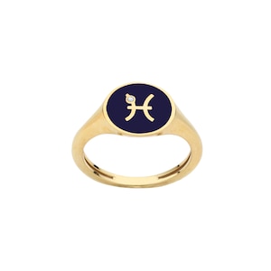 Horoskop zodiakalny Ryby Pierścień sygnetowy na mały palec ze złota 14K z prawdziwym diamentem 0,01 ct G-VS, 925 Srebro pozłacane