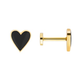 Heart 14K Gold Stud Screw Back Ear Piercing with Black Enamel