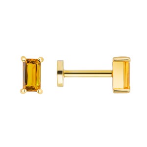 Baguette 14K Gold Stud Screw Back Ear Piercing With Real Citrine