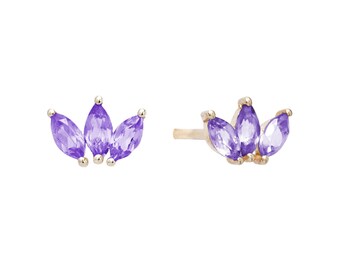 Florence 14K Gold Cluster Stud Earrings With Real Amethyst, 925 Silver Gold Plated Option