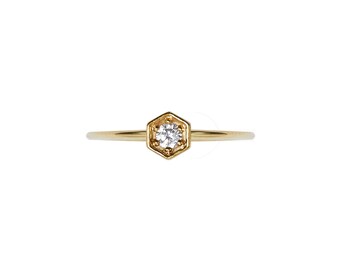 Geo 14K Gold Hexagon Stackable Ring With Real Diamond 0.06 ct G-VS, 925 Silver Gold Plated Option