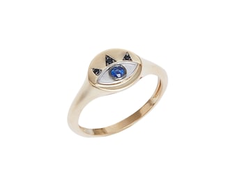 Queen's Eye 14K Gold Eye Multi-Stone Ring With Real Sapphire and Black Diamond, 925 Silver Gold Plated Option