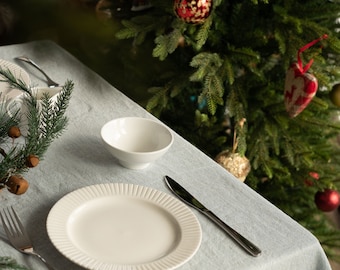 Linen Jacquard Tablecloth Light Blue and White EmbroideryEffect