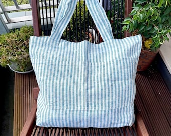 Linen Beach Bag Striped Marine Blue Medium Size