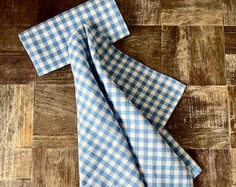 Set of 2 Linen Tea Towels Bistro Style Blue Gingham