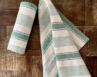 Set of 2 Linen Tea Kitchen Towels Green and Blue Natural Multistripe