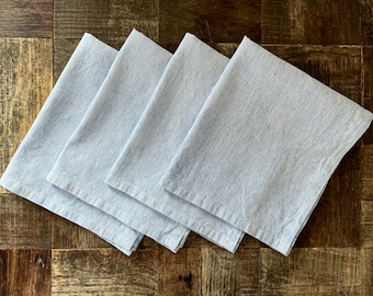 Set of 4 or 6 Linen Cotton Napkins Beige Blue Pinstripe