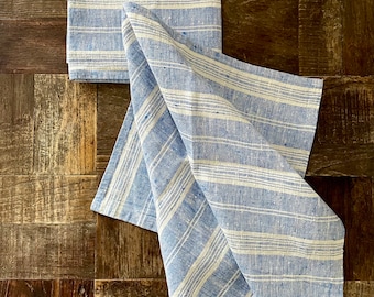 Set of 2 Linen Tea Towels Blue Stripes