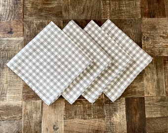 Set of 4 6 8 10 Linen Napkins Gingham Natural Beige or Blue