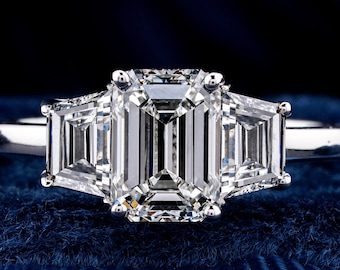 Emerald Cut Three Stone Diamond Ring,1 CT Emerald Lab grown Diamond Engagement Ring,Side Stone Trapezoid Diamond,Anniversary Ring For Gift