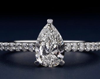 1 CT Pear Cut Lab Grown Pave Engagement Ring Diamond Ring For Wedding Gift Conflict Free Diamond IGI Certified D-E Color CVD Diamond