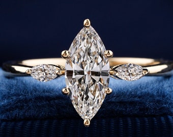 1.00ct Marquise Lab Grown Diamond Ring,14K Gold Three Stone Trilogy Engagement Ring,Promise Gift For Her