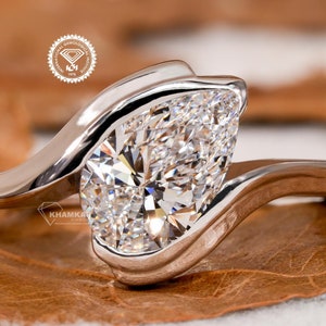 IGI Certified Pear Cut Lab Grown Diamond Ring,Half Bezel Engagement Ring,Solitaire Diamond Wedding Ring,Unique Anniversary Ring,Gift For Her