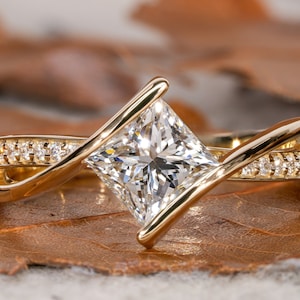 Pierścionek zaręczynowy z diamentem szlifu Princess, 1,00 ct, certyfikat IGI, z ominięciem pierścienia, lite złoto 14-karatowe lub platyna, spersonalizowany pierścionek z obietnicą lub zaręczynami