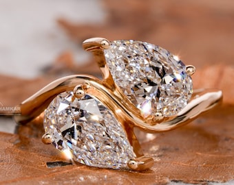 Pear Cut Lab Grown Diamond Toi Et Moi Wedding Ring,Two Stone 2Ct Engagement Ring,Certified Diamond Ring,Unique Anniversary Ring,Gift For Her