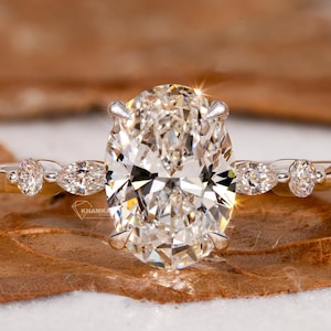 2.00Ct Oval Cut Lab Grown Diamond Engagement Ring,Side Marquise and Round Diamonds,Wedding Ring For Her,5 Stone Ring,Anniversary Ring