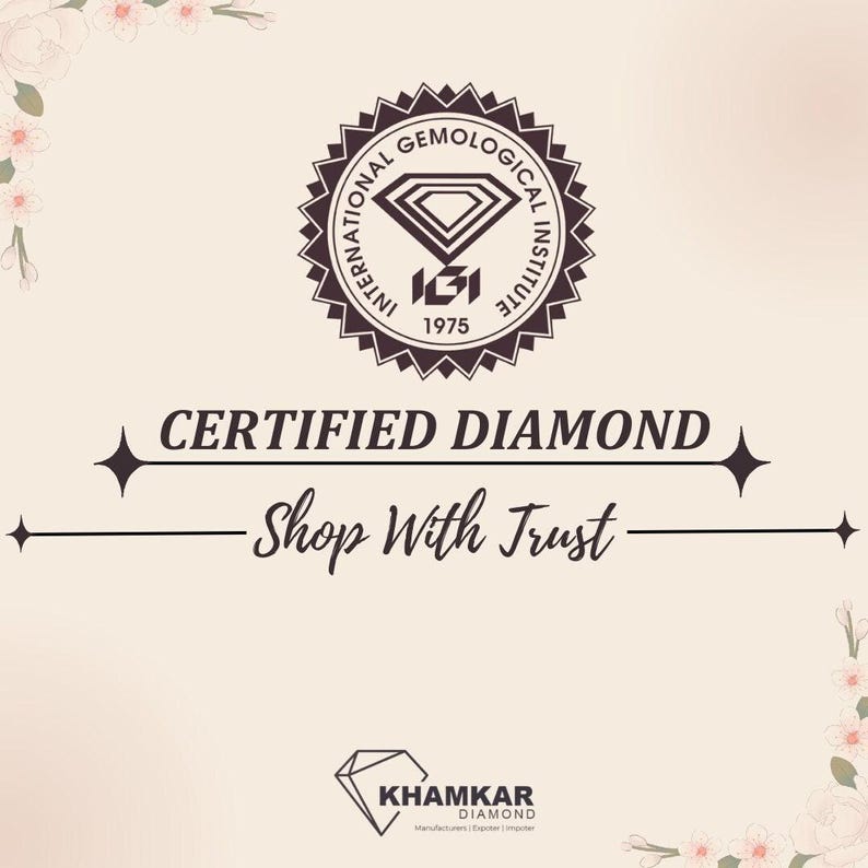 May include: A white and pink floral background with a black and white logo for the International Gemological Institute (IGI) with the text "Certified Diamond Shop With Trust" and a smaller logo for Khamkar Diamond.
