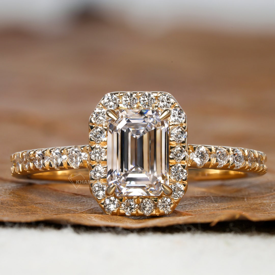 Emerald Cut Lab Grown Diamond Engagement Ring,1.00 Ct Lab Created Halo ...