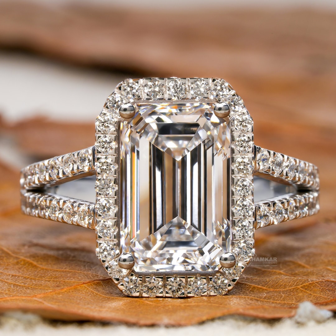 3.00CT Emerald Cut Lab Grown Diamond Engagement Ring, Split Shank Halo ...