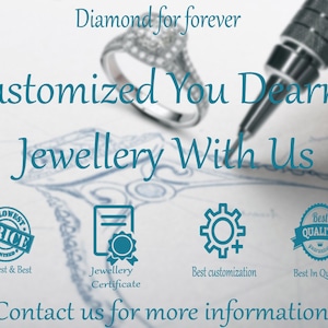 Pu&ograve; includere: Un disegno di un anello con il testo "Diamond for forever" sopra. Il testo "Customized You Dearm Jewellery With Us" &egrave; sotto l'anello. Ci sono quattro icone sotto il testo: un timbro che dice "Lowest Price Guaranteed", un documento con un sigillo, un ingranaggio con un segno pi&ugrave; e un timbro che dice "Best Quality Guaranteed". Il testo "Contact us for more information" &egrave; in fondo all'immagine.