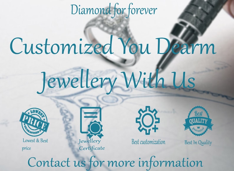 Pu&ograve; includere: Un disegno di un anello con il testo "Diamond for forever" sopra. Il testo "Customized You Dearm Jewellery With Us" &egrave; sotto l'anello. Ci sono quattro icone sotto il testo: un timbro che dice "Lowest Price Guaranteed", un documento con un sigillo, un ingranaggio con un segno pi&ugrave; e un timbro che dice "Best Quality Guaranteed". Il testo "Contact us for more information" &egrave; in fondo all'immagine.