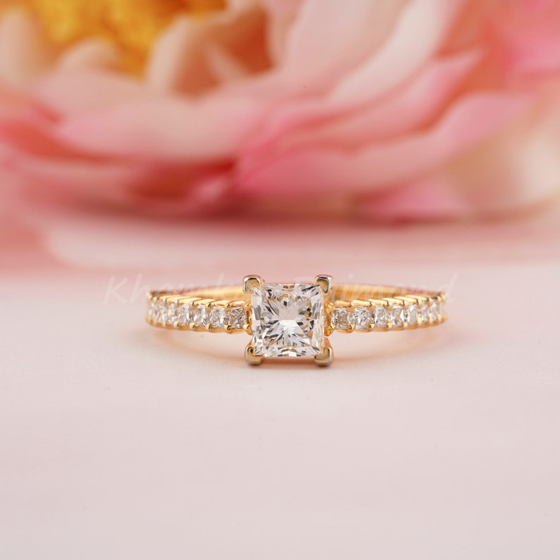 Princess Cut Lab Grown Diamond Engagement Ring,1 Ct Princess Diamond Wedding Ring,Gift For Her,Pave Ring,Anniversary Gift Ring,D/E VVS2 image 1