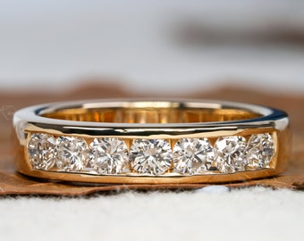 Channel Set Round Diamond Wedding Band,Seven Stones Lab Grown Diamond Band,Half Eternity Band For Bridal,Anniversary Band,Gift For Her