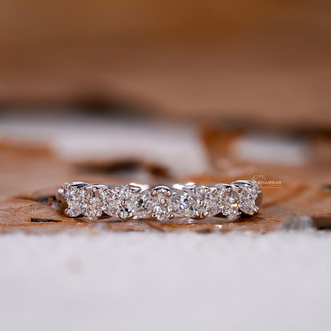 Marquise & Round Cut Lab Grown Diamond Band,half Eternity Wedding Band ...