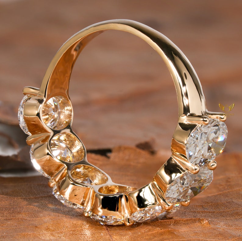 May include: A gold band ring with a row of round, clear gemstones set in the band. The ring is shown from the side, with the gemstones facing the viewer.