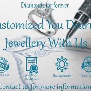 May include: A graphic design for a jewelry business with the text "Diamonds for forever" and "Customized You Dearm Jewellery With Us". The graphic includes a drawing of a ring, a gear, a document with a seal, and three seals with the text "Lowest Price Guaranteed", "Jewellery Certificate", "Best Quality Guaranteed", and "Best In Quality". The text "Contact us for more information" is at the bottom of the graphic.